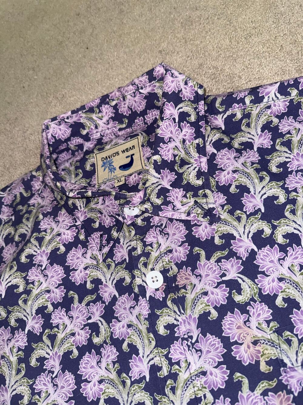 David’s Wear Yiume Men’s XL Purple Floral Hawaiian Aloha Shirt 100% Cotton